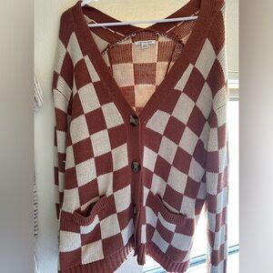American Eagle Outfitters Tan and Cream Plaid Cardigan